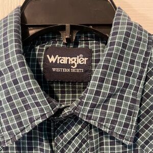 Vintage Wrangler Blue and Green Plaid Dress Shirt with pearl snap buttons